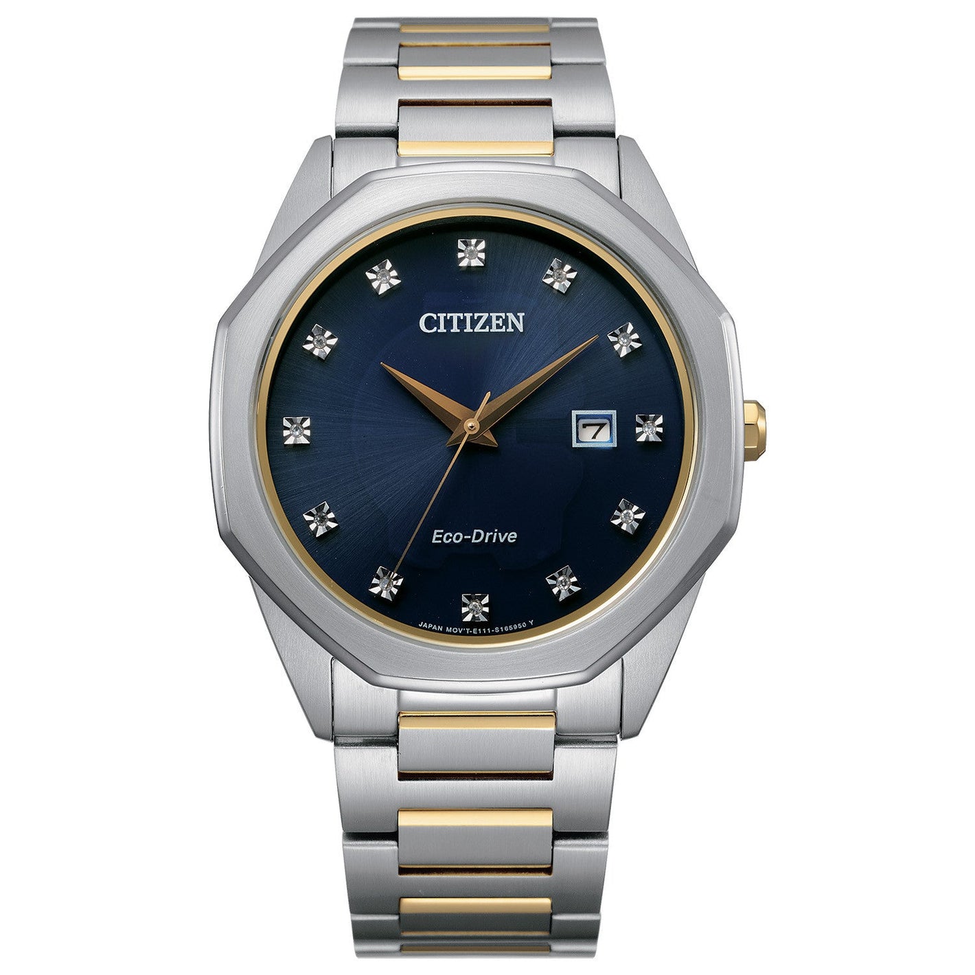Citizen BM7494-51L men's watch featuring a deep blue dial with diamond hour markers, gold-tone hands, and a two-tone stainless steel bracelet—front view.