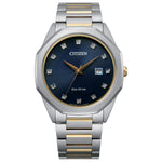 Citizen BM7494-51L men's watch featuring a deep blue dial with diamond hour markers, gold-tone hands, and a two-tone stainless steel bracelet—front view.