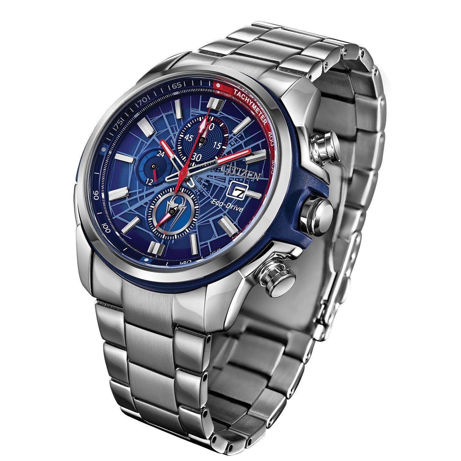 Side profile of the Citizen CA0429-53W, highlighting the blue chroma-finish case and chronograph pushers.