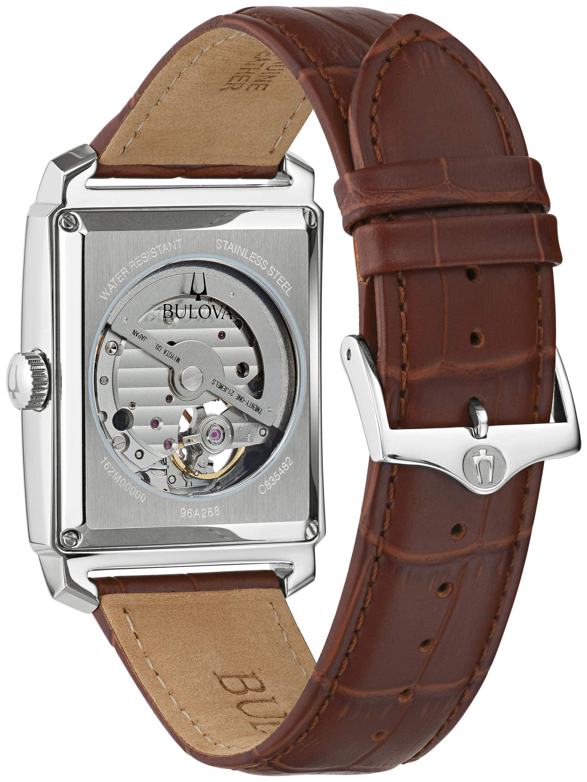 Back view of the Bulova Sutton 96A268, showcasing the exhibition case back that reveals the automatic movement and intricate inner workings.