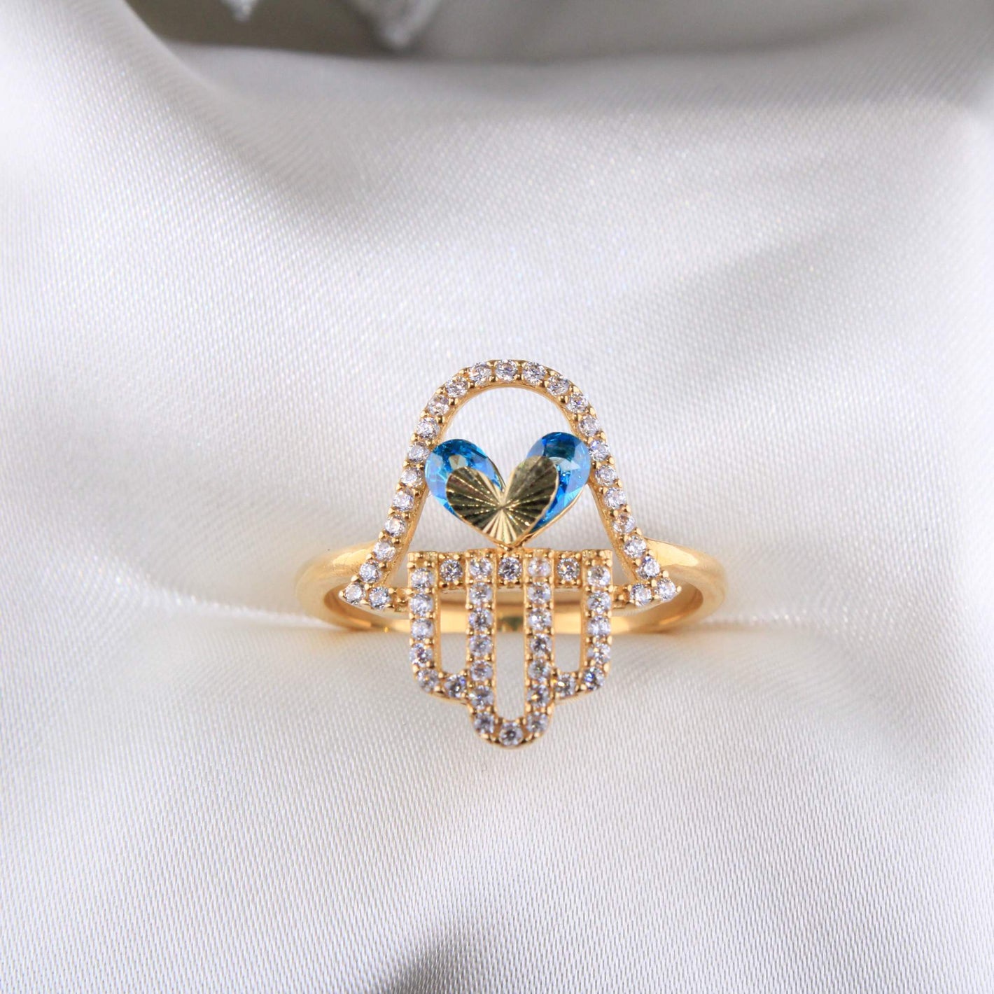 14K Yellow Gold CZ Hamsa Ring