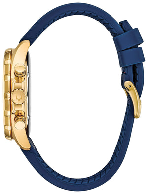 Side profile of Bulova 97B168 showcasing the gold-tone stainless steel case and rotating dial ring.