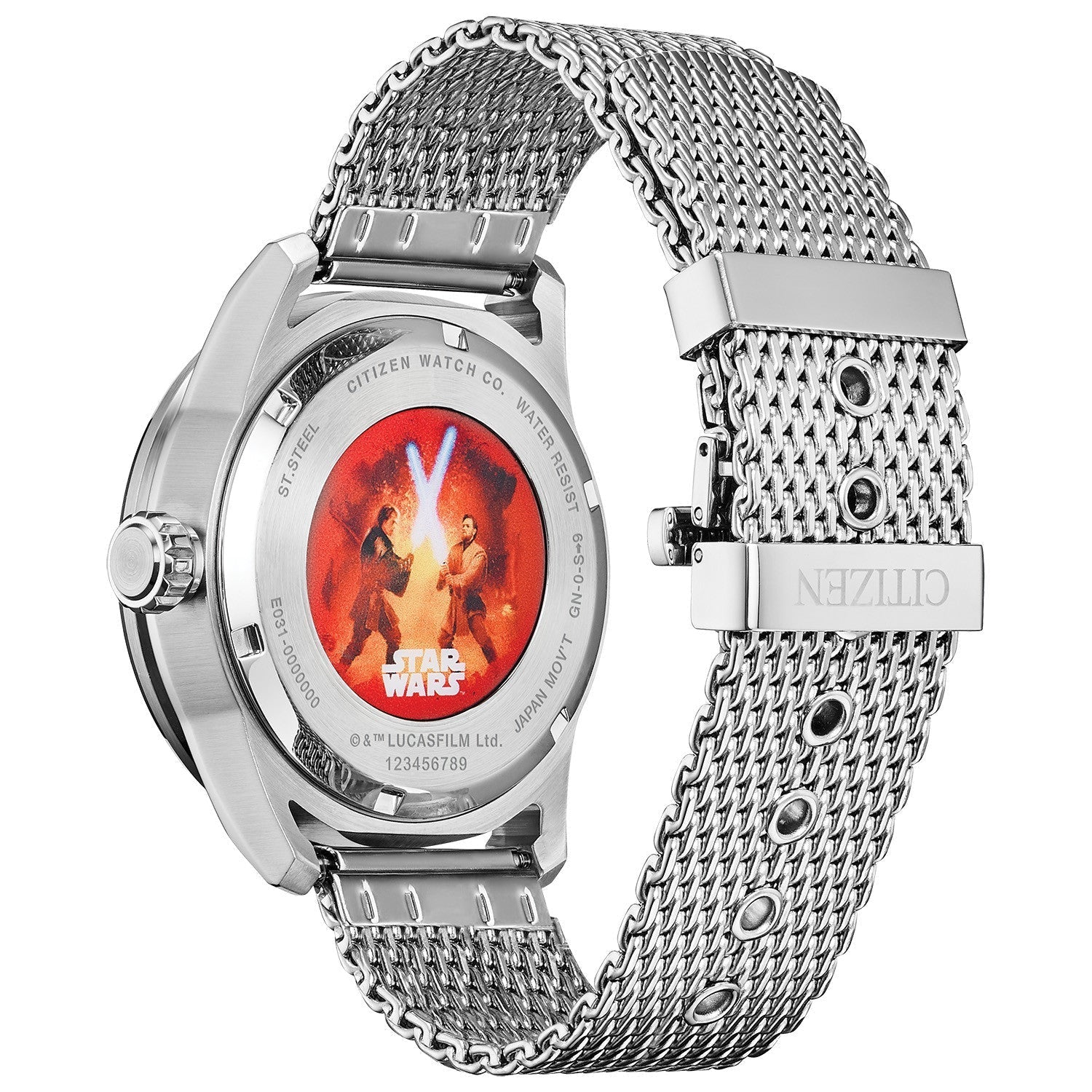 Back view of the Citizen AW1366-83W, displaying the engraved depiction of the iconic duel between Obi-Wan Kenobi and Anakin Skywalker on the case back