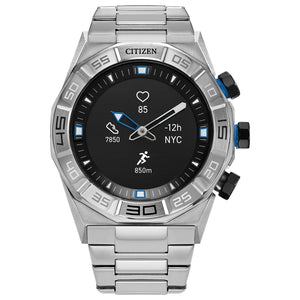 Citizen CZ Smart Hybrid Men's Watch JX1001-51E featuring a 44mm silver-tone stainless steel case with a black dial—front view.