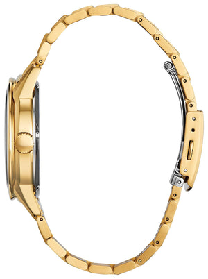 Side profile of the Citizen FE7082-53W showcasing the gold-tone stainless steel case and bracelet.