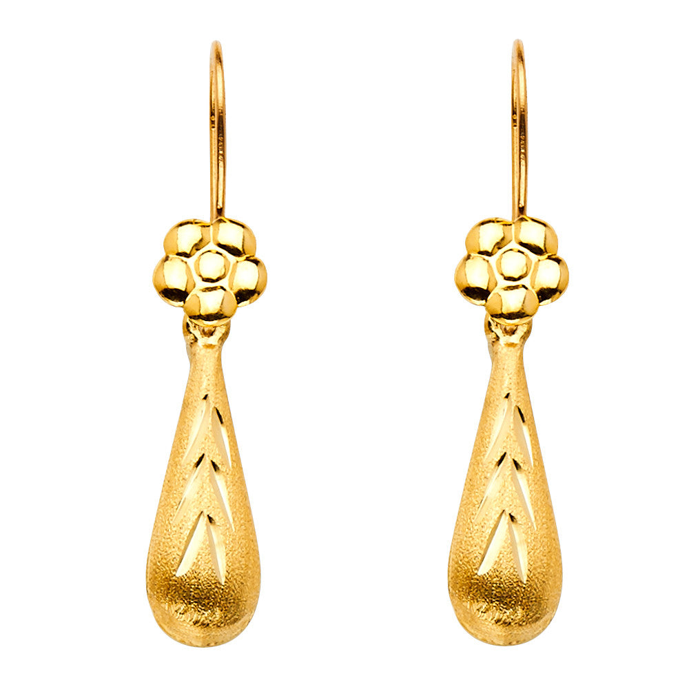 14K Yellow Gold Flower Tear Drop Earrings