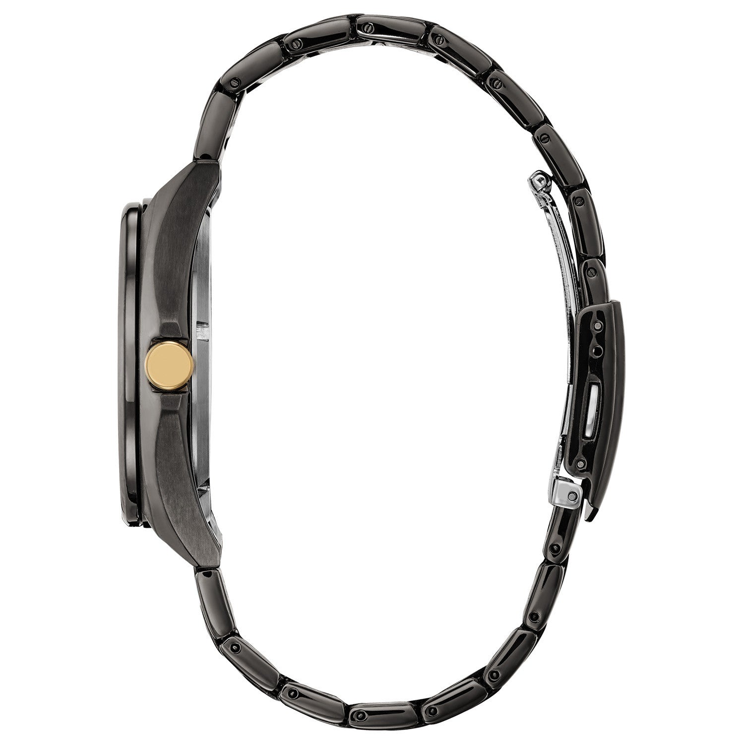 Side profile of the Citizen AW1578-51W, highlighting the dark gray ion-plated stainless steel case and gold-tone crown.