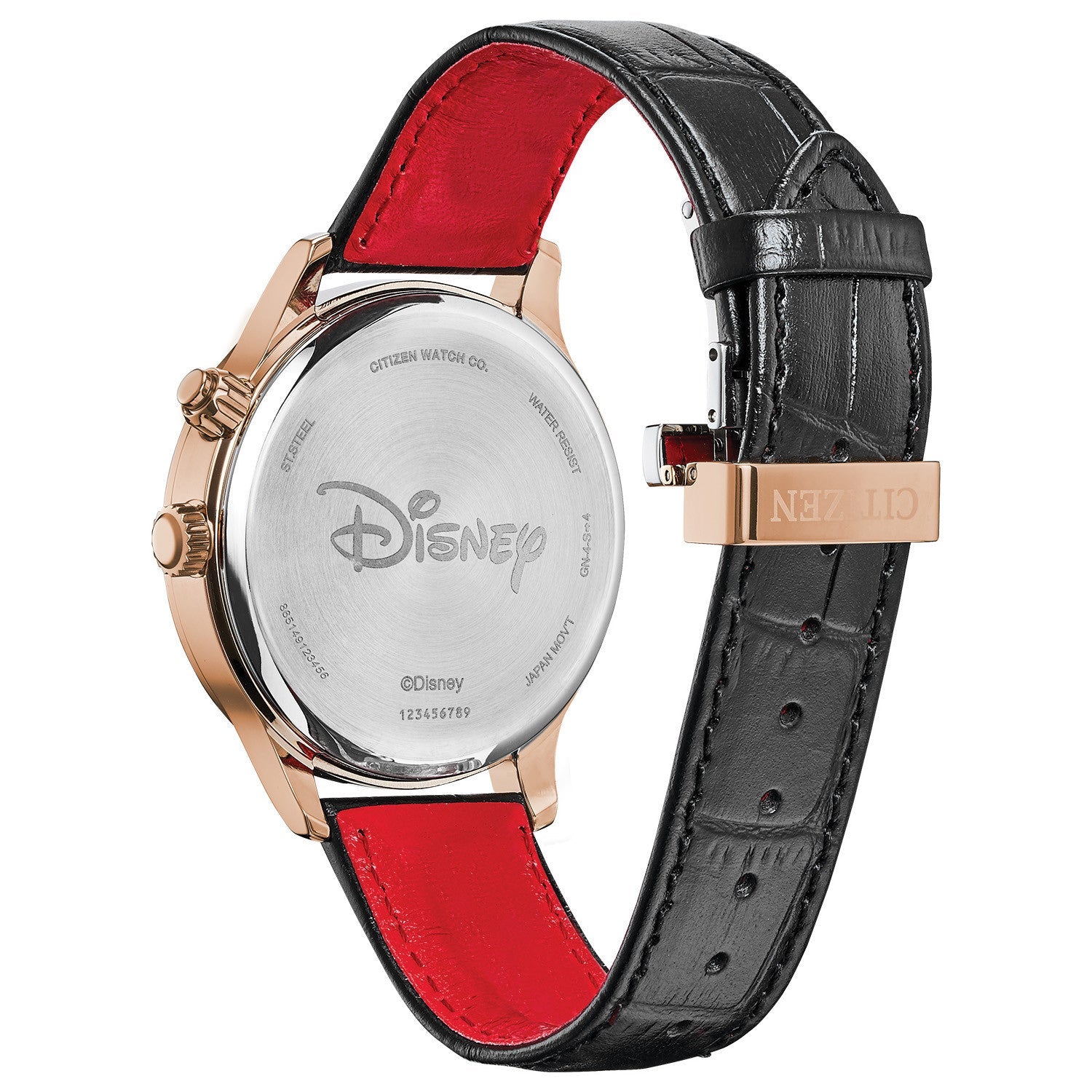 Close-up of the tang buckle on the Citizen Disney Mickey Mouse Moon Phase Men's Watch AP1053-15W.