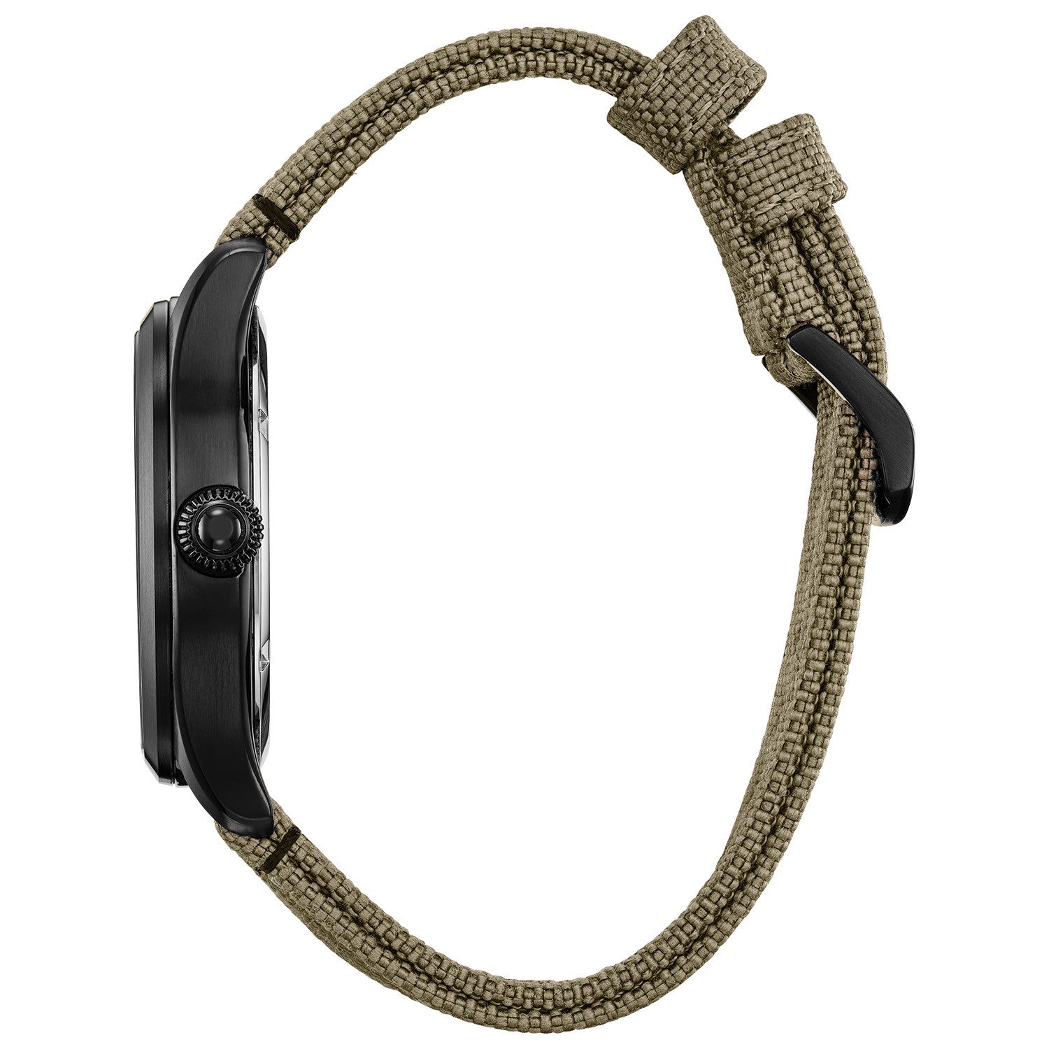 Side profile of the Citizen BM6839-06W showcasing the black ion-plated stainless steel case and beige Cordura® nylon strap.