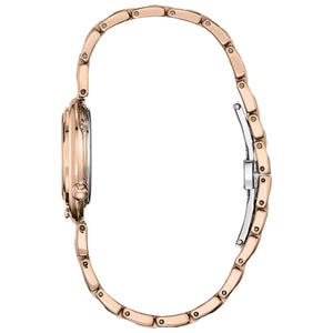 Side profile of the Citizen EM0823-58D, showcasing the slim rose gold-tone stainless steel case and bracelet.