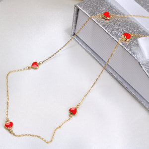 14K Yellow Gold Red Hearts Necklace 18in