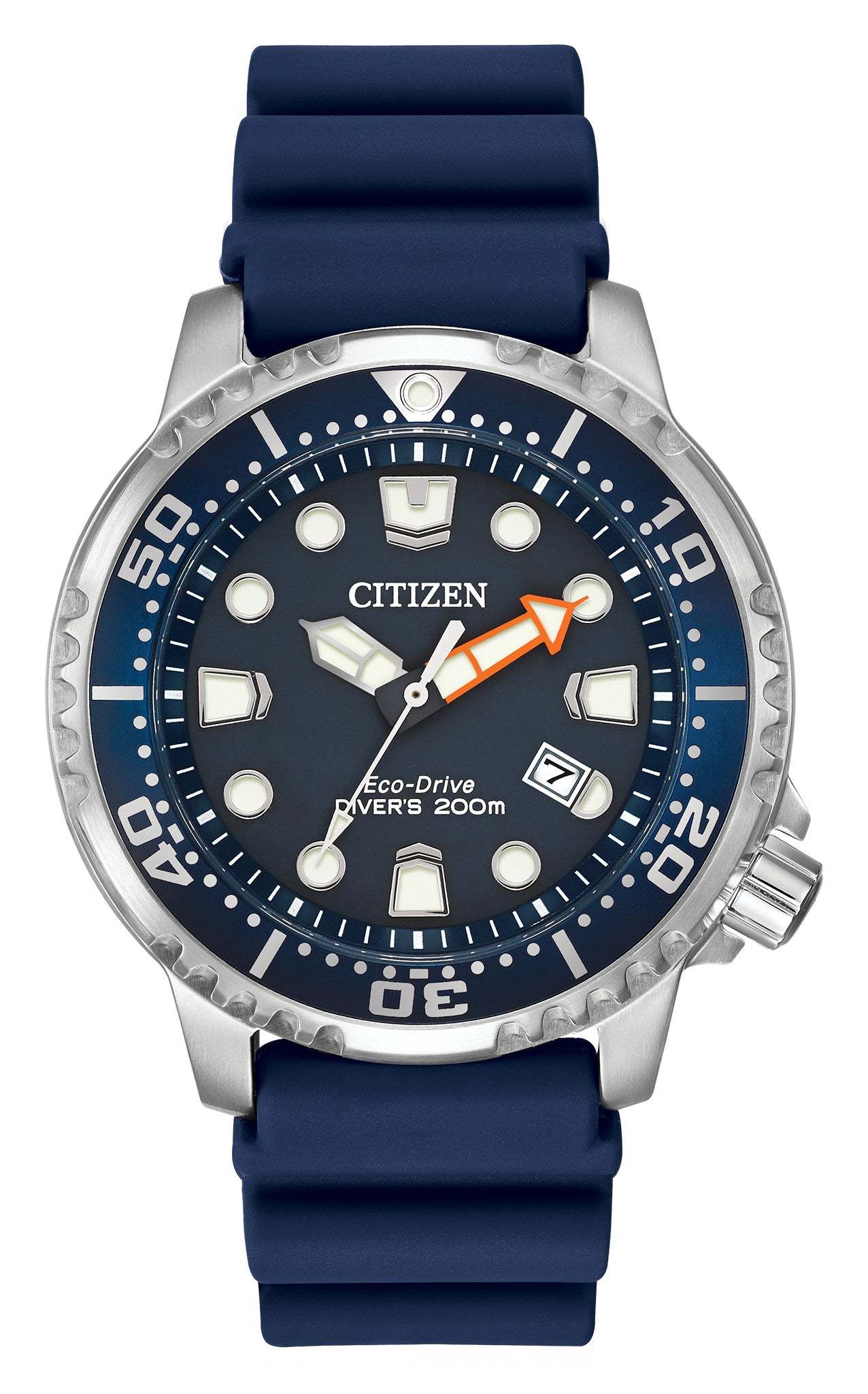 Citizen Promaster Diver Eco-Drive Watch BN0151-09L featuring a 44mm stainless steel case with a blue polyurethane strap and blue dial—front view.
