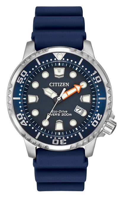 Citizen Promaster Diver Eco-Drive Watch BN0151-09L featuring a 44mm stainless steel case with a blue polyurethane strap and blue dial—front view.