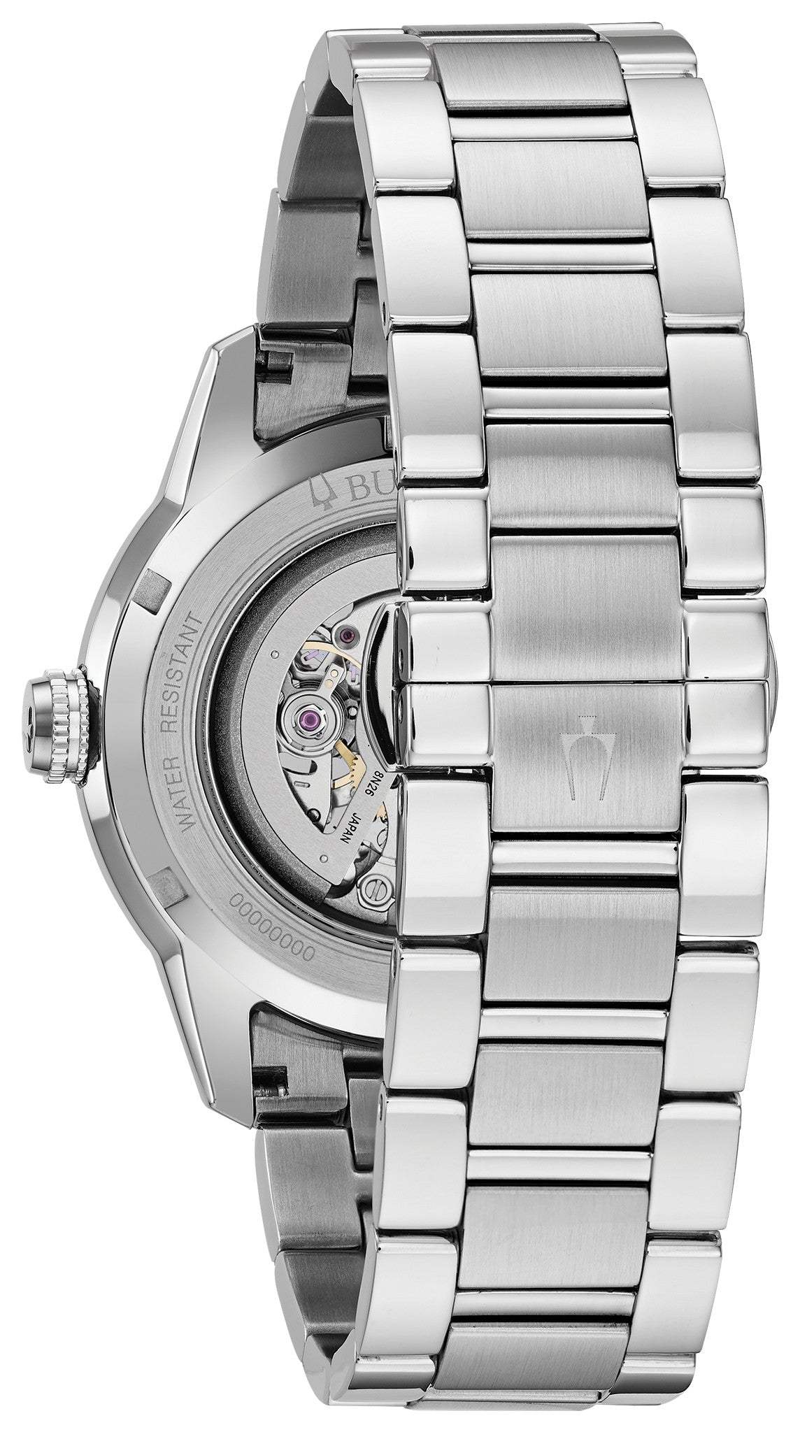 Exhibition case back of Bulova Sutton 96A208, revealing the intricate 21-jewel automatic movement.