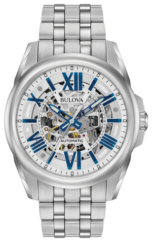 Bulova Sutton Automatic 96A187 men's watch featuring a skeleton dial with blue accents, luminous hands, and a stainless steel bracelet—front view.