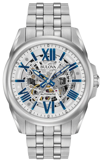 Bulova Sutton Automatic 96A187 men's watch featuring a skeleton dial with blue accents, luminous hands, and a stainless steel bracelet—front view.