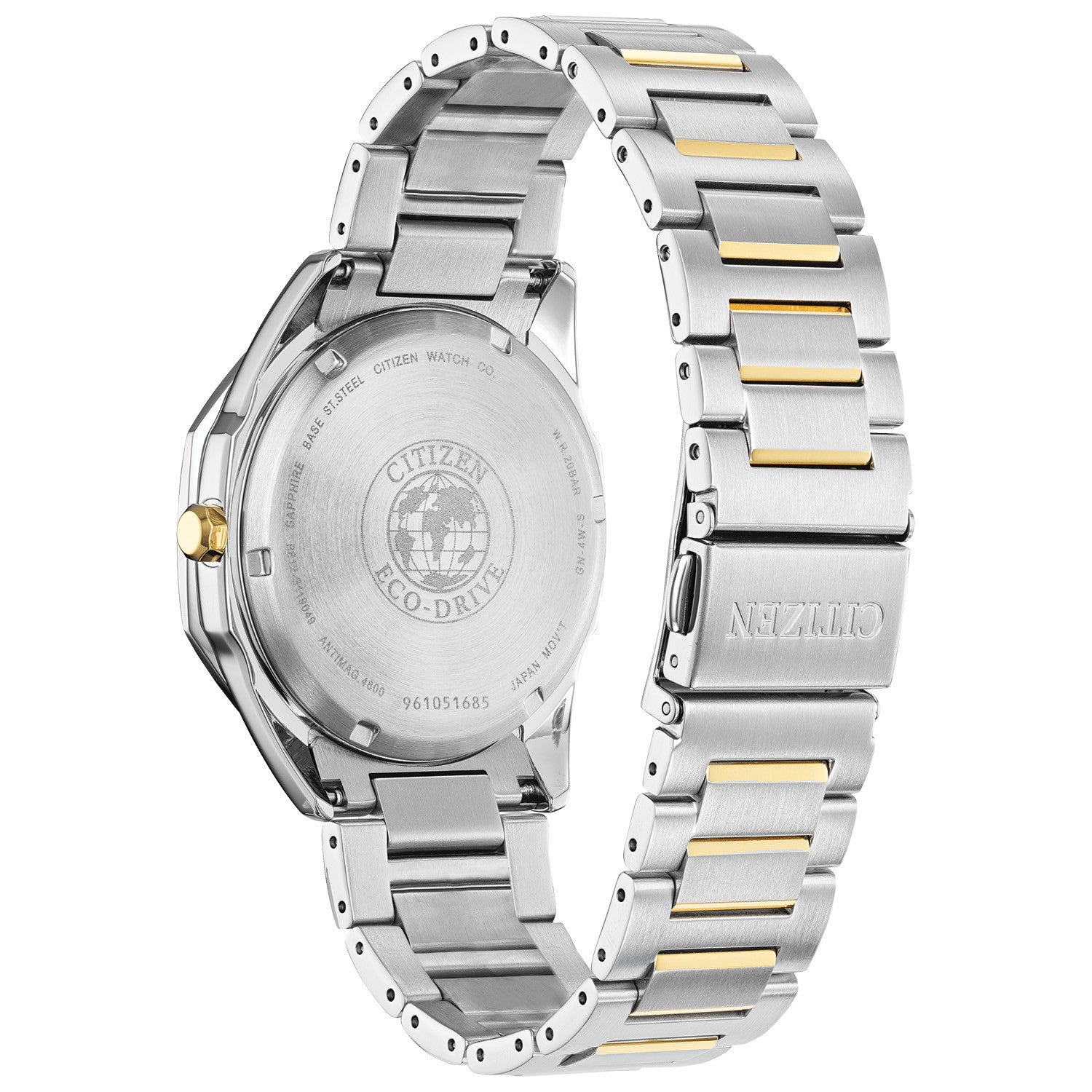 Reverse view of the Citizen BM7494-51L, showcasing the screw-back case and intricate engravings.
