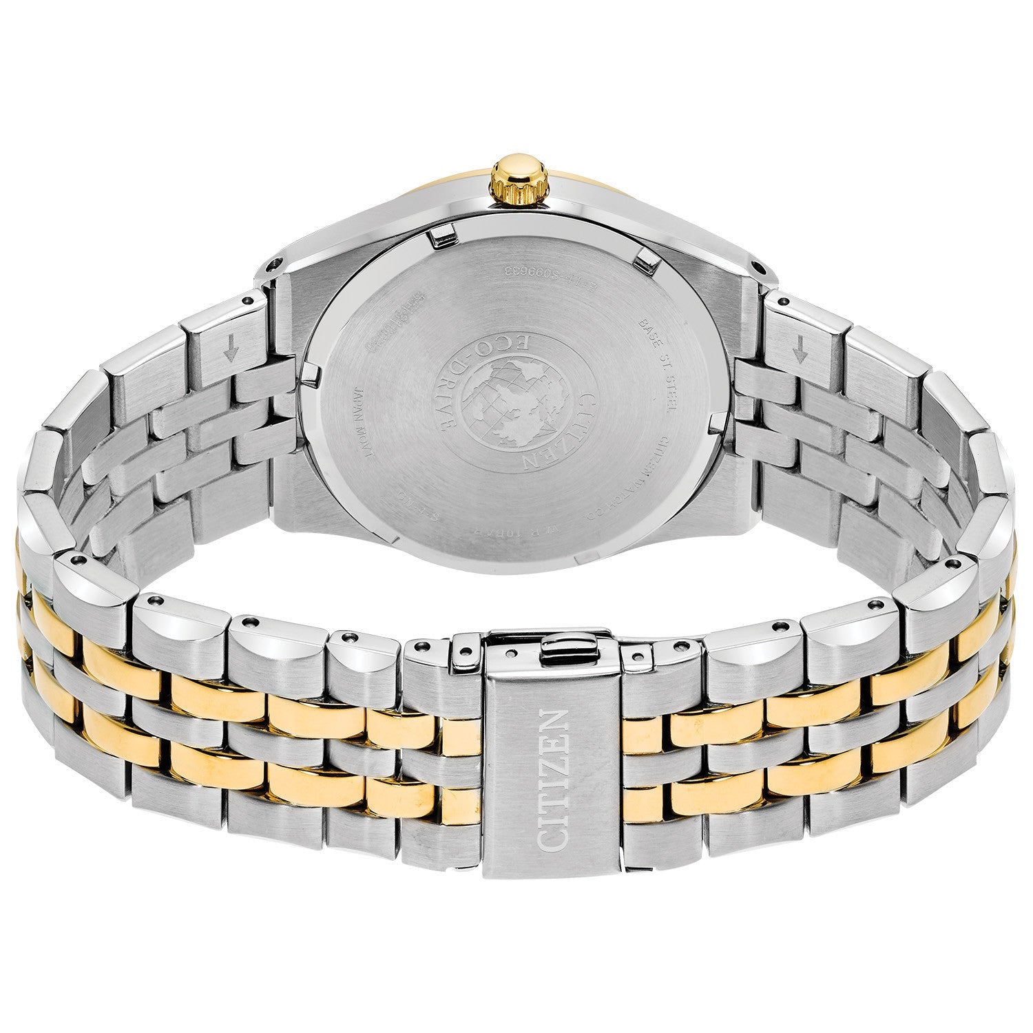  Rear view of the Citizen Corso BM7334-58L, highlighting the stainless steel case back and bracelet clasp.