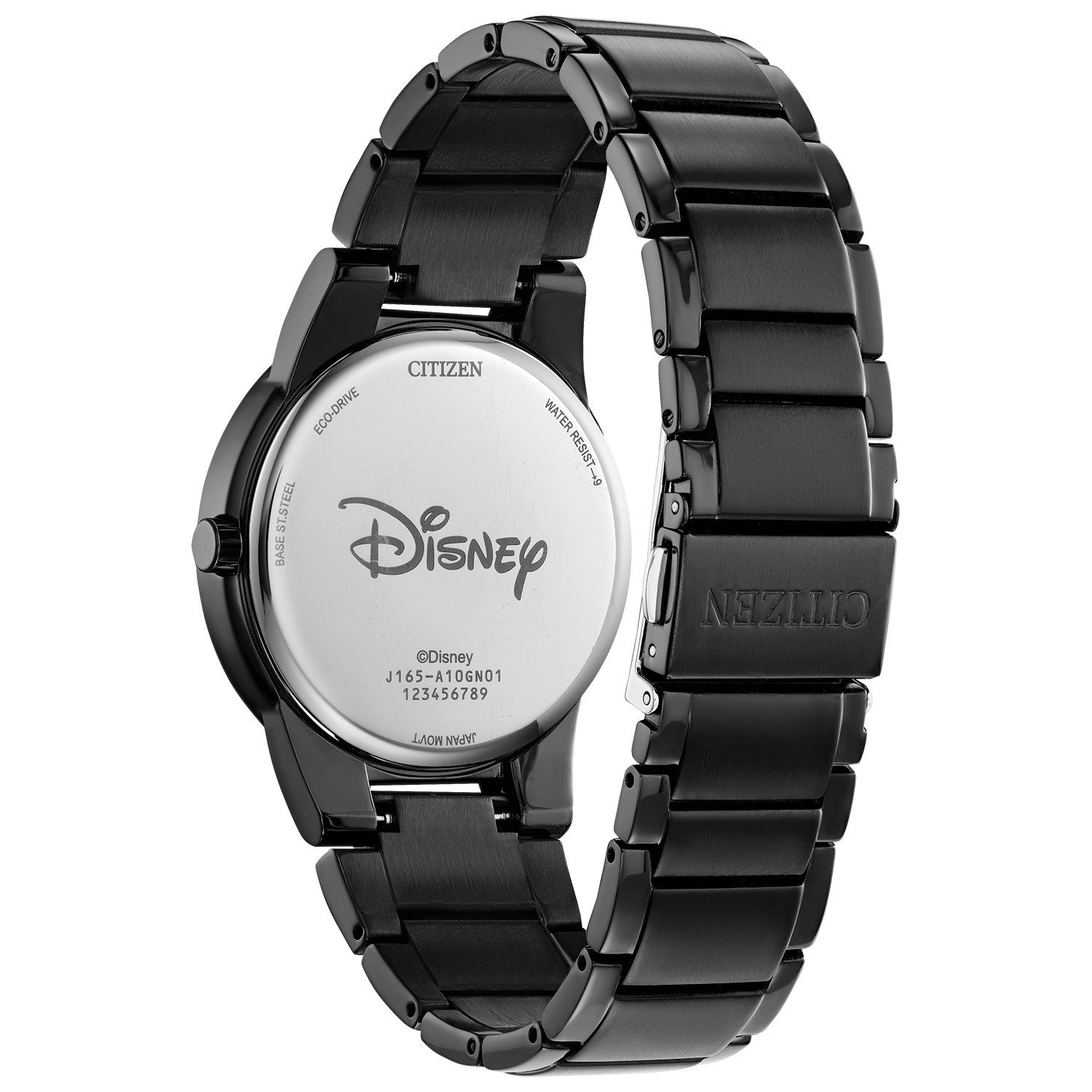 Close-up of the fold-over clasp with push buttons on the Citizen Disney Mickey Fiesta Unisex Watch AU1095-57W.