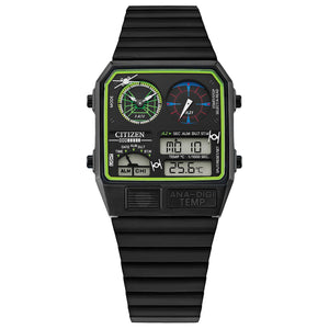 Citizen Star Wars™ Trench Run Ana-Digi Watch JG2109-50W featuring a 33mm black ion-plated stainless steel case with a black dial—front view.