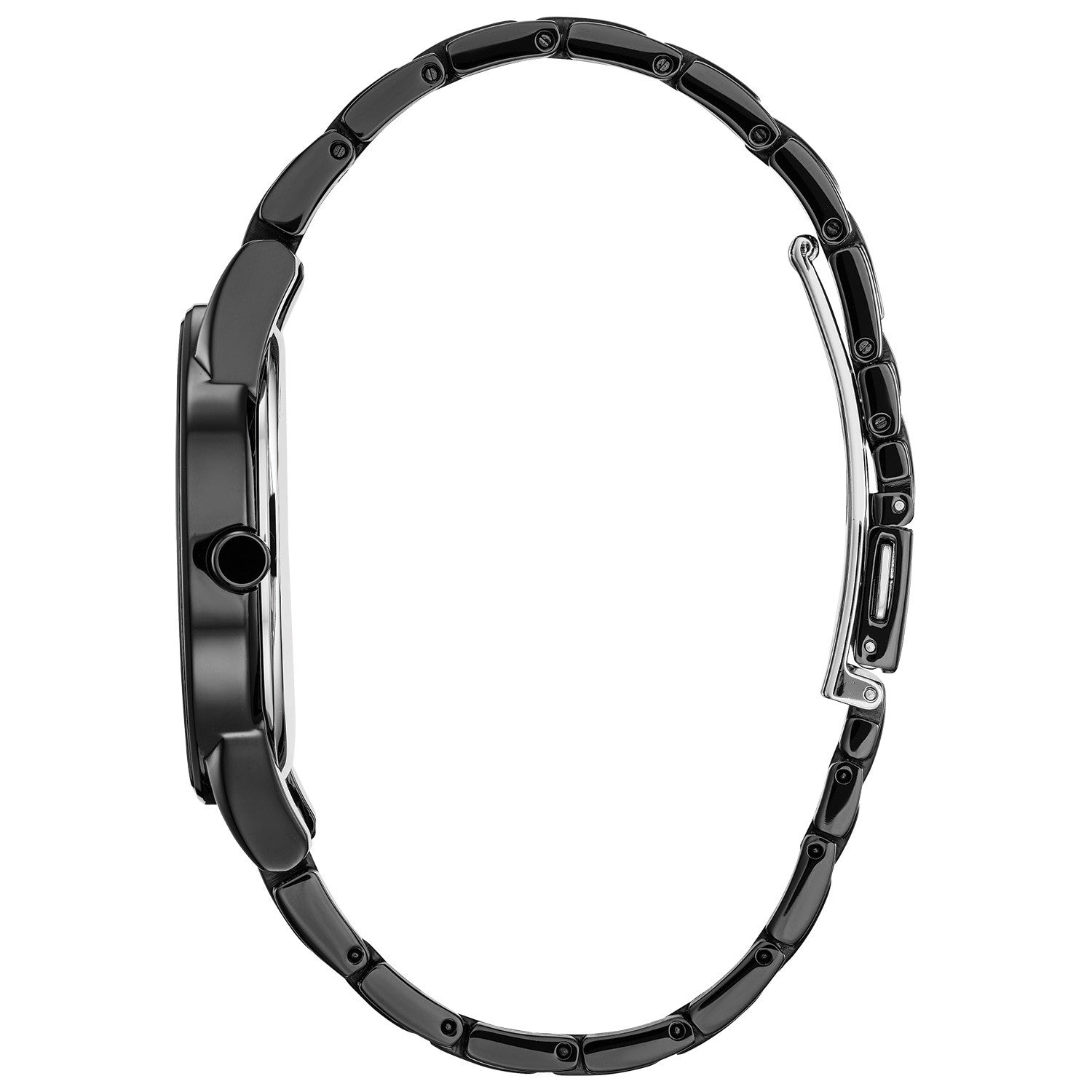 Side profile of the Citizen AU1095-57W showcasing the black stainless steel case and bracelet.