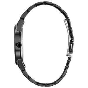 Side profile of the Citizen AU1095-57W showcasing the black stainless steel case and bracelet.