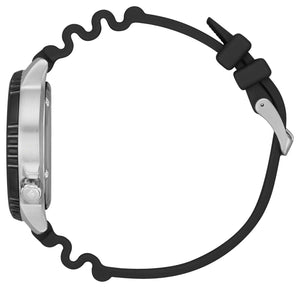 Side profile of the Citizen BN0150-28E showcasing the stainless steel case and black polyurethane strap.