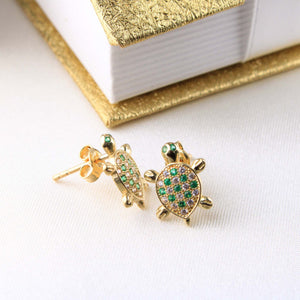 14K Yellow Gold CZ Turtle Earrings