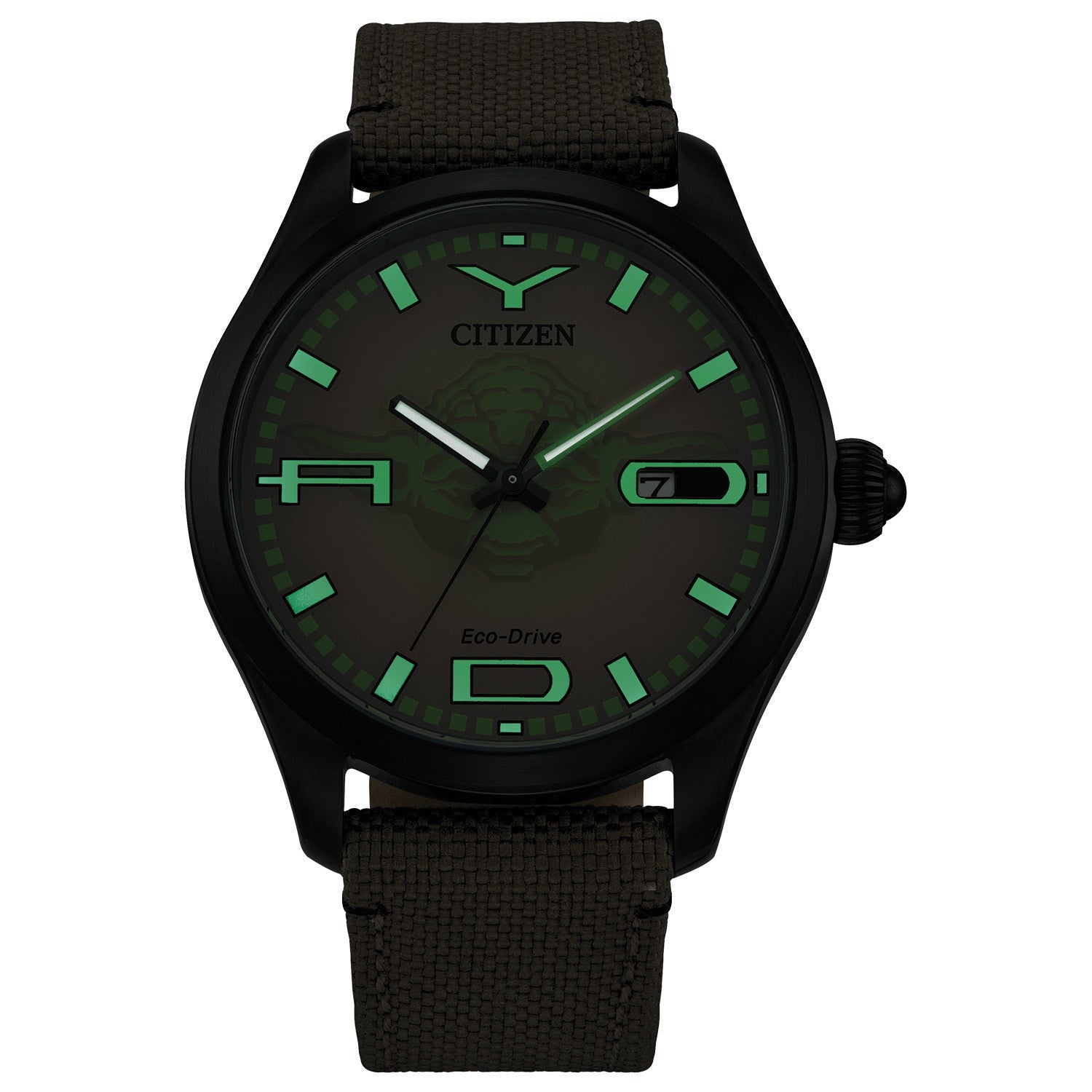 Citizen Star Wars™ Yoda Eco-Drive Watch BM6839-06W featuring a 42mm black ion-plated stainless steel case with a beige Cordura® nylon strap and brown dial—front view.