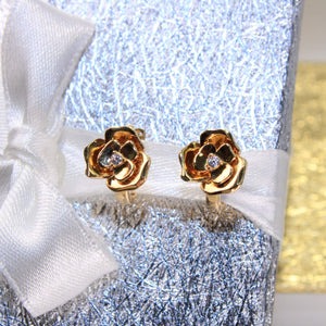 14K Yellow Gold Flower CZ Hoops
