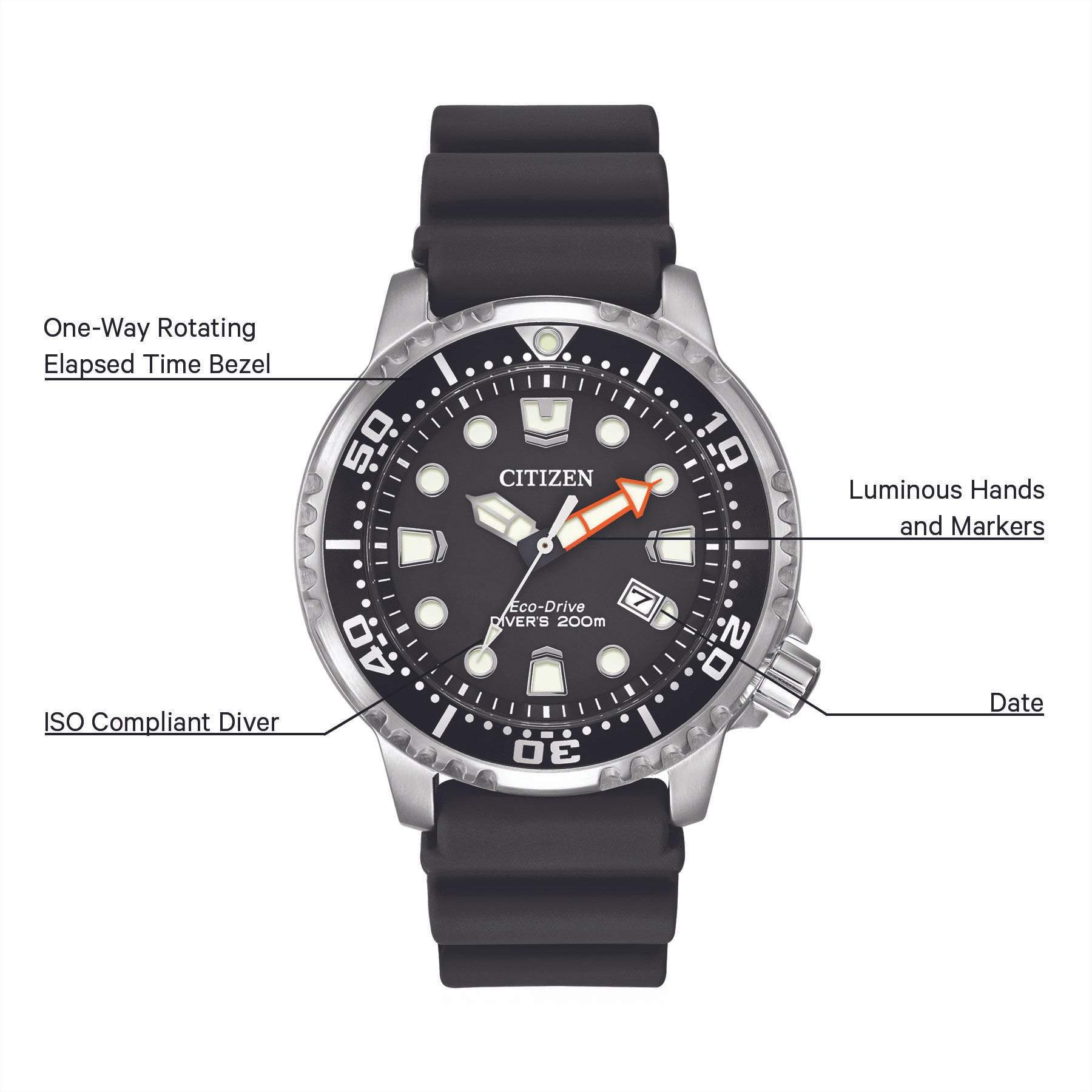 Citizen Promaster Diver Eco-Drive Watch BN0150-28E featuring a 44mm stainless steel case with a black polyurethane strap and black dial—front view.