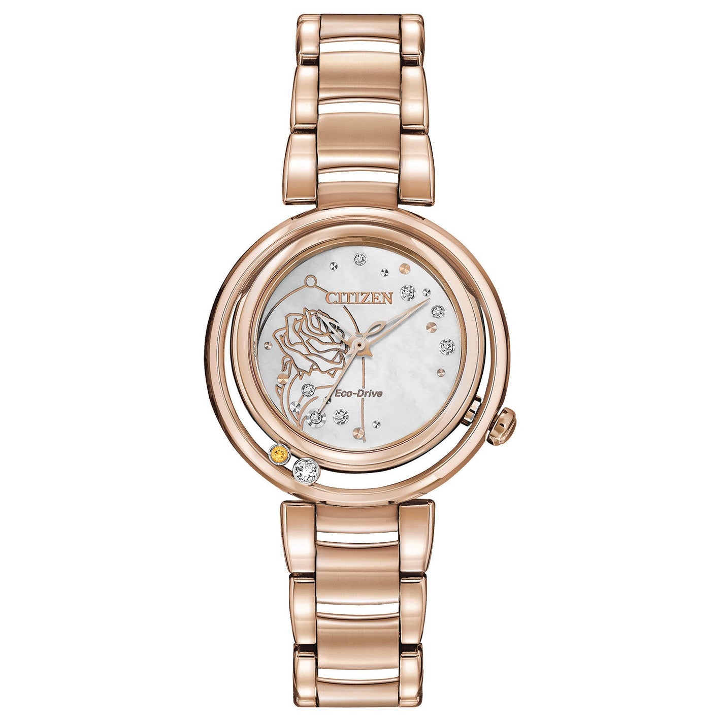 Citizen EM0823-58D watch featuring a champagne Mother-of-Pearl dial with diamond accents and red rose silhouette, 30mm rose gold-tone stainless steel case, and bracelet—front view.