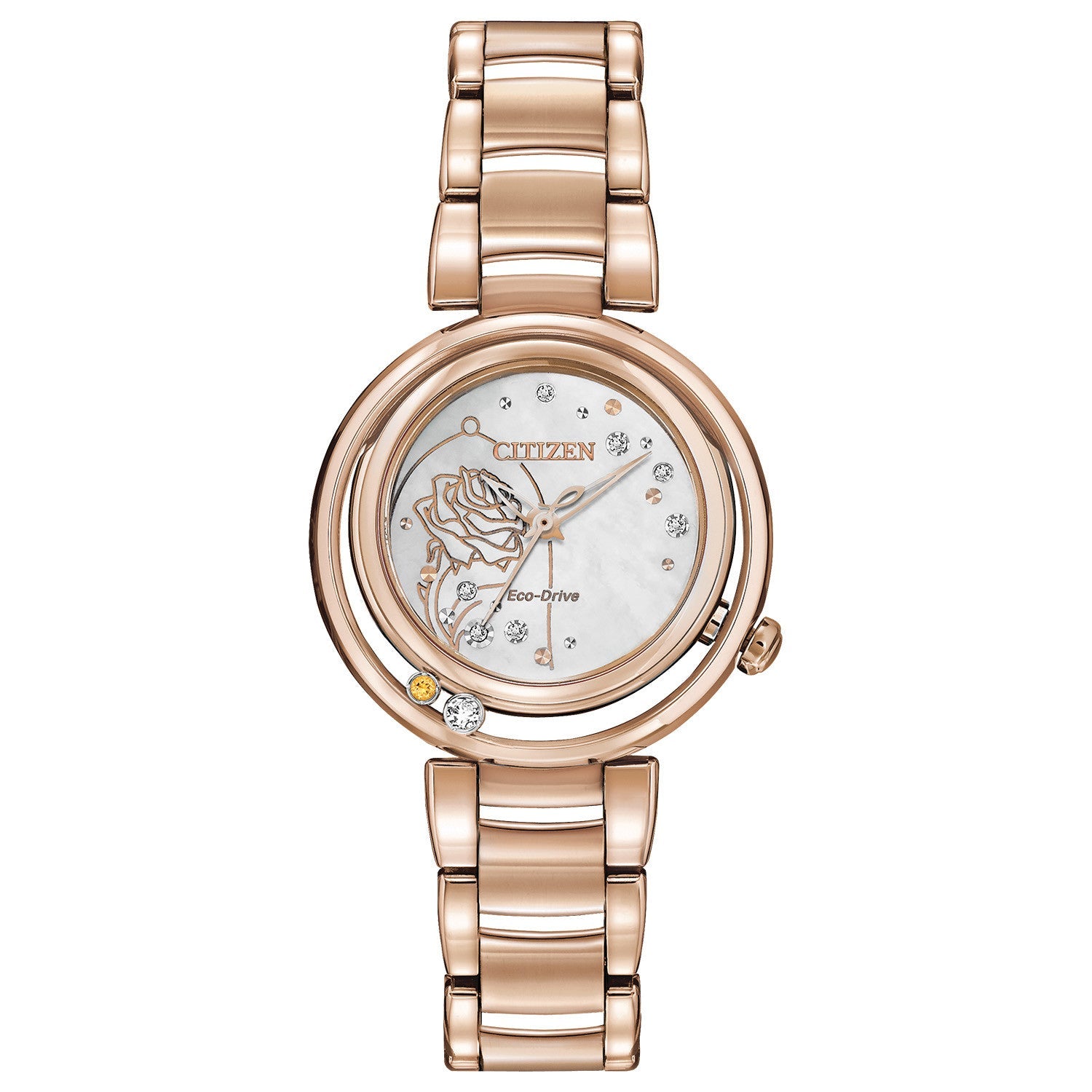 Citizen EM0823-58D watch featuring a champagne Mother-of-Pearl dial with diamond accents and red rose silhouette, 30mm rose gold-tone stainless steel case, and bracelet—front view.