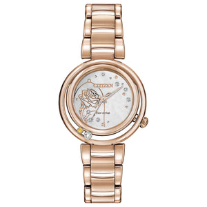 Citizen EM0823-58D watch featuring a champagne Mother-of-Pearl dial with diamond accents and red rose silhouette, 30mm rose gold-tone stainless steel case, and bracelet—front view.