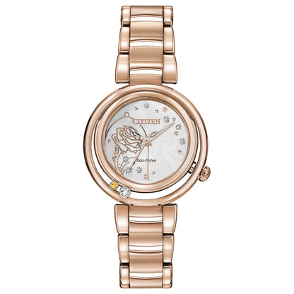 Citizen EM0823-58D watch featuring a champagne Mother-of-Pearl dial with diamond accents and red rose silhouette, 30mm rose gold-tone stainless steel case, and bracelet—front view.