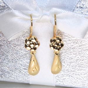 14K Yellow Gold Flower Tear Drop Earrings