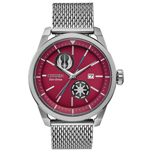 Citizen AW1366-83W Star Wars Prequel watch featuring a burgundy red dial with Jedi Order and Galactic Republic symbols, intersected by a lightsaber-inspired blue line, complemented by a stainless steel mesh bracelet—front view.