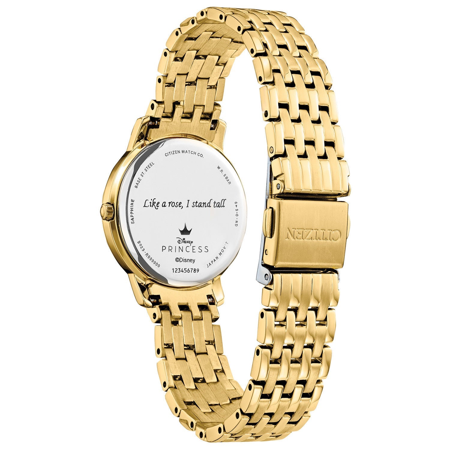 Close-up of the fold-over clasp with push buttons on the Citizen Disney Belle Diamond Accent Women's Watch EX1492-59W