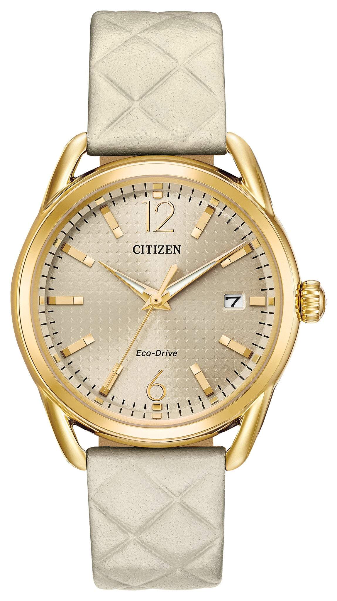 Citizen Drive Eco-Drive Ladies' Watch FE6082-08P featuring a 36mm gold-tone stainless steel case with a quilted ivory leather strap and light champagne dial—front view.