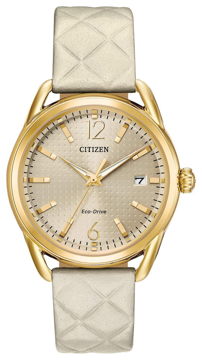 Citizen Drive Eco-Drive Ladies' Watch FE6082-08P featuring a 36mm gold-tone stainless steel case with a quilted ivory leather strap and light champagne dial—front view.