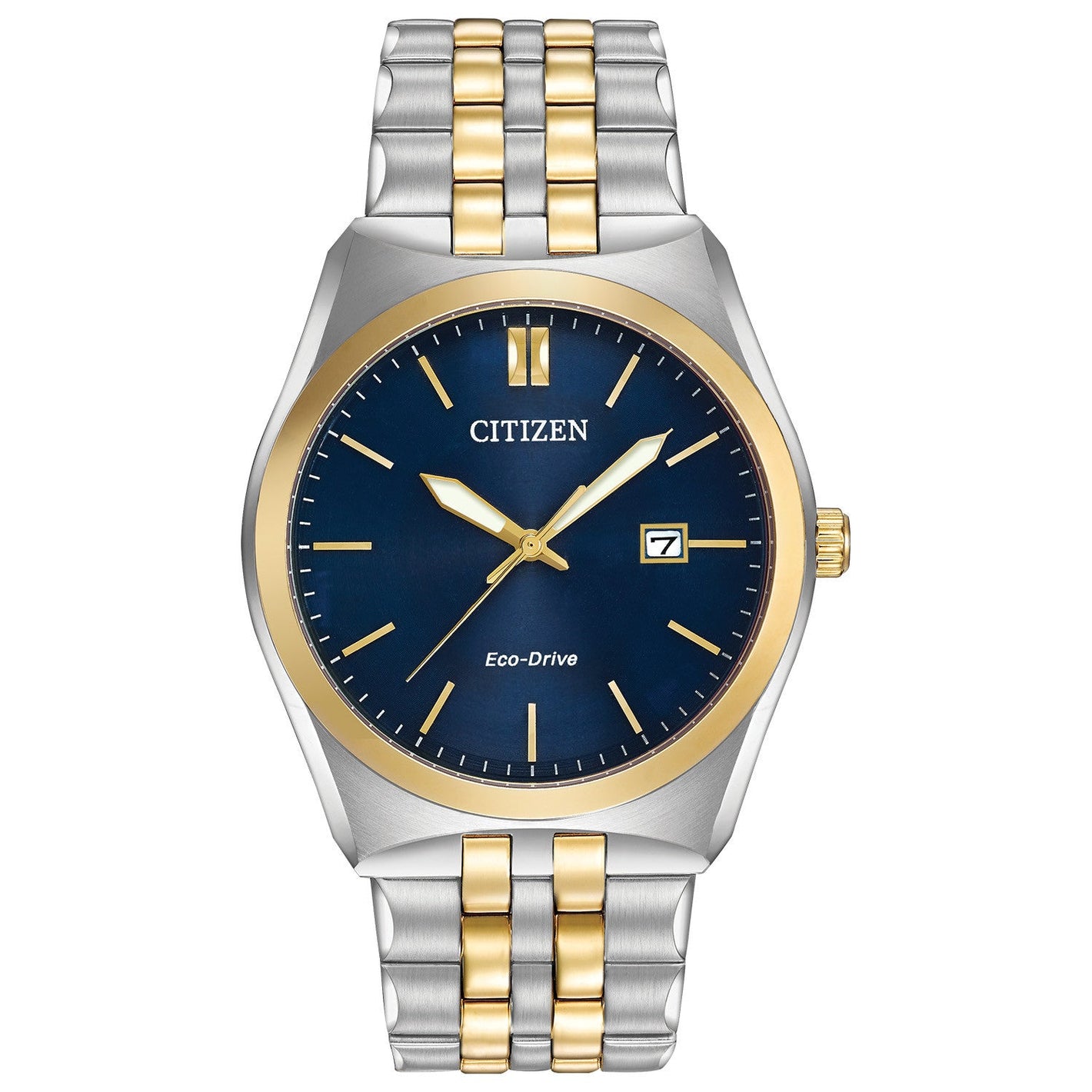 Citizen Corso BM7334-58L men's watch featuring a two-tone stainless steel 40mm case with a deep blue dial and date display—front view.