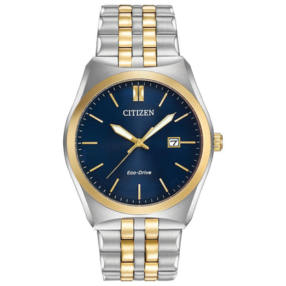 Citizen Corso BM7334-58L men's watch featuring a two-tone stainless steel 40mm case with a deep blue dial and date display—front view.