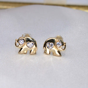 14K Yellow Gold  Elephant  CZ Stud Earrings w/Screw