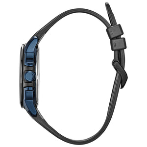 Side profile of the Citizen AW1156-01W, highlighting the black ion-plated stainless steel case and blue chroma-finish.​