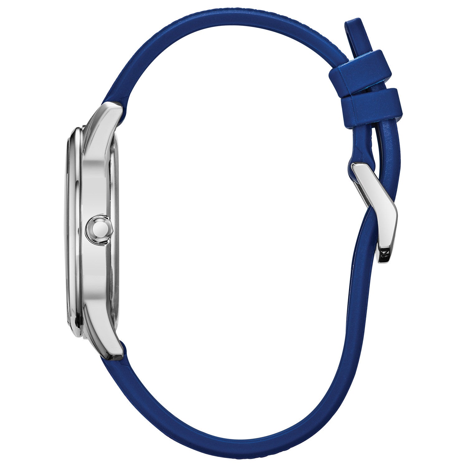Side profile of Citizen FE6101-05W showcasing the slim stainless steel case and textured crown.