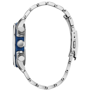 Side profile of the Citizen CA0429-53W, highlighting the blue chroma-finish case and chronograph pushers.