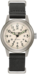 Bulova 96A246 Hack watch featuring an ivory dial with luminescent markers and a stainless steel case—front view.