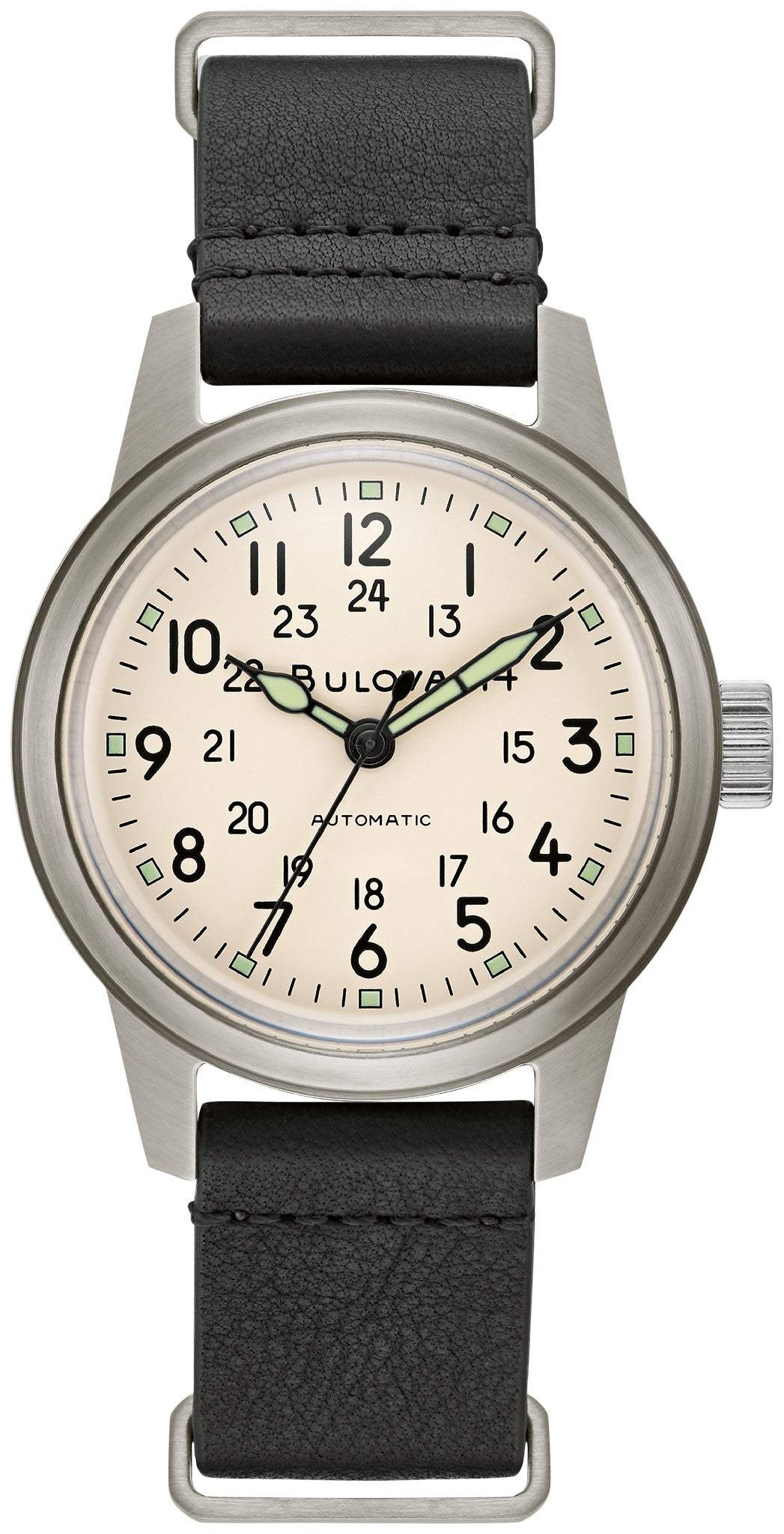 Bulova 96A246 Hack watch featuring an ivory dial with luminescent markers and a stainless steel case—front view.