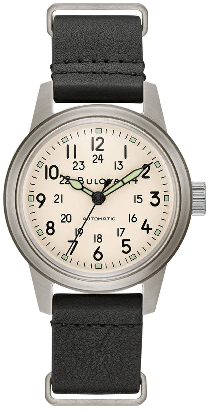 Bulova 96A246 Hack watch featuring an ivory dial with luminescent markers and a stainless steel case—front view.