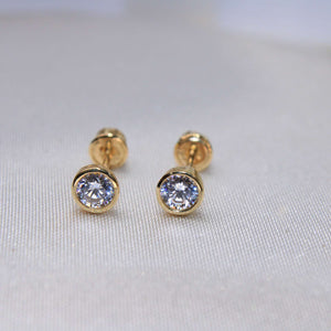 14K Yellow Gold Round CZ Bezel Stud Earrings w/Screw